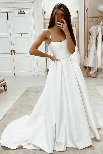 Maud | Strappy Spaghetti Strap Sweetheart Neckline Ivory Satin Wedding Dress with Train - Ivory - PromDressClub