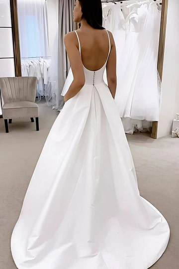 Maud | Strappy Spaghetti Strap Sweetheart Neckline Ivory Satin Wedding Dress with Train - Ivory - PromDressClub