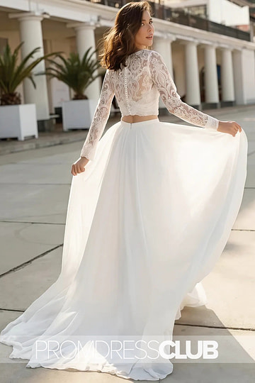 Maureen |Fall Long Wedding Dresses Near Me With Two Piece V - neck Sweep Train Lace Long Sleeves - Price #price_variant_lowest# - White - PromDressClub