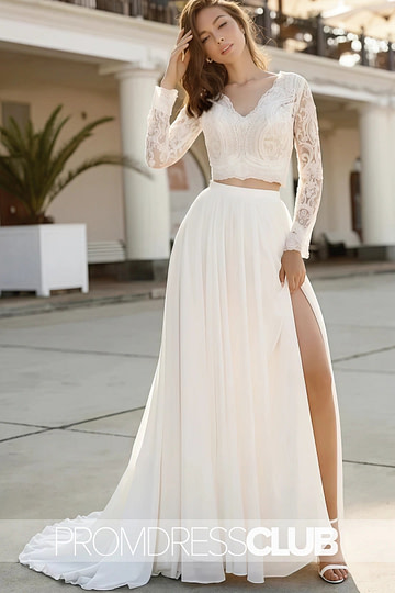 Maureen |Fall Long Wedding Dresses Near Me With Two Piece V - neck Sweep Train Lace Long Sleeves - Price #price_variant_lowest# - White - PromDressClub
