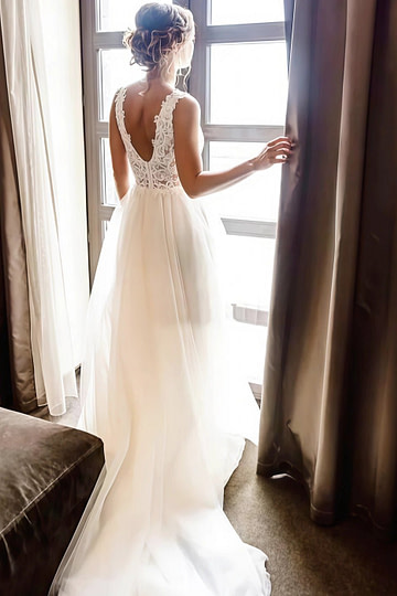Maureen | Stunning Lace and Chiffon Bridal Gown - Perfect for Your Dream Wedding - Ivory - PromDressClub