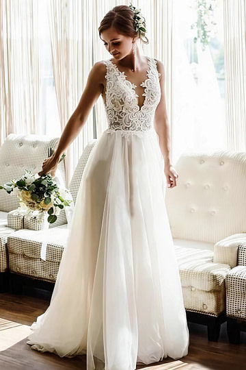 Maureen | Stunning Lace and Chiffon Bridal Gown - Perfect for Your Dream Wedding - Ivory - PromDressClub