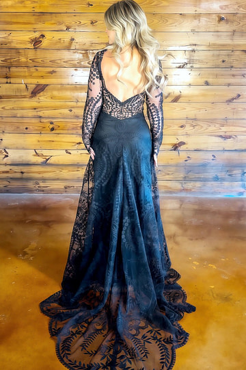 Mavis | Modest Black Long Sleeve High Neck Lace Wedding Dress Under $500 - Black - PromDressClub