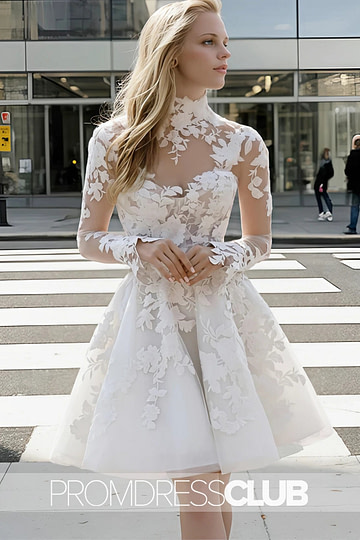 Mavis |Short White Wedding Dresses Near Me With A - Line Illusion Neck Long Sleeves Lace - Price #price_variant_lowest# - White - PromDressClub