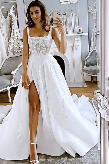 Mavis | Stunning Square Neck Open Back Lace Wedding Dress with High Slit and Long Train - White - PromDressClub