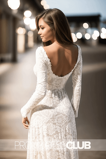 Maxine |Long White Wedding Dresses Near Me With Vintage Floral Boho Lace Sleeves Modest Boat Neck Low - V Back Princess Bridal Gown - Price #price_variant_lowest# - White - PromDressClub