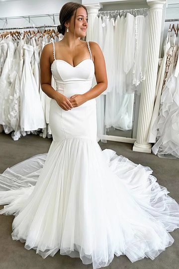 Maxine | Stunning Spaghetti Strap Sweetheart Neck Satin and Tulle Mermaid Wedding Dress with Long Train - White - PromDressClub