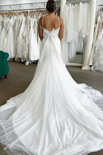 Maxine | Stunning Spaghetti Strap Sweetheart Neck Satin and Tulle Mermaid Wedding Dress with Long Train - White - PromDressClub
