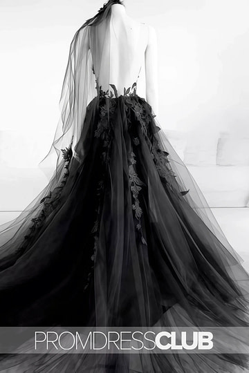 Megan |Long Black Wedding Dresses Near Me With Sexy Black Lace Appliques Sleeveless Tulle Backless Veil - Price #price_variant_lowest# - Black - PromDressClub