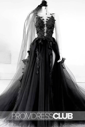 Megan |Long Black Wedding Dresses Near Me With Sexy Black Lace Appliques Sleeveless Tulle Backless Veil - Price #price_variant_lowest# - Black - PromDressClub