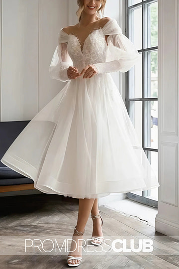 Melissa |Short White Wedding Dresses Near Me With A - Line Sweetheart Long Sleeves Elegant Tulle Appliques Lace - Price #price_variant_lowest# - White - PromDressClub