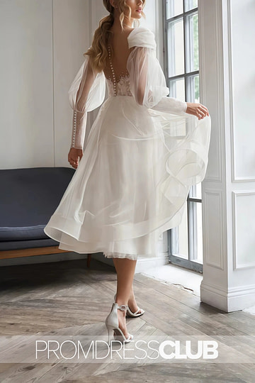 Melissa |Short White Wedding Dresses Near Me With A - Line Sweetheart Long Sleeves Elegant Tulle Appliques Lace - Price #price_variant_lowest# - White - PromDressClub