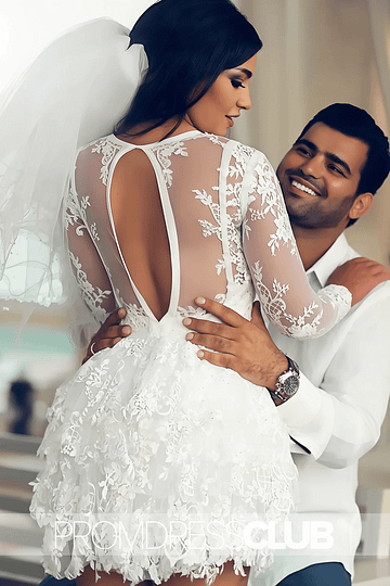 Meroy |Short - Mini White Wedding Dresses Near Me With A - Line Scoop Lace Applique Long Sleeves - Price #price_variant_lowest# - White - PromDressClub