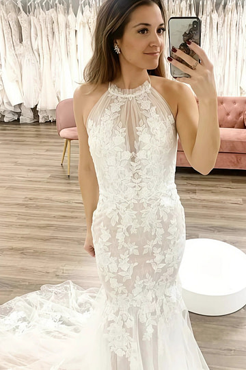 Meroy | Stunning Halter Neck Mermaid Lace Appliques Wedding Dress with Train - Ivory - PromDressClub