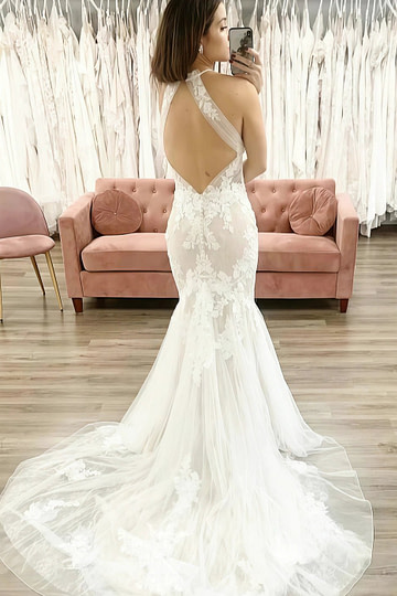 Meroy | Stunning Halter Neck Mermaid Lace Appliques Wedding Dress with Train - Ivory - PromDressClub