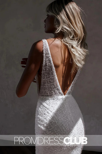 Merry |Long White Wedding Dresses Near Me With Sparkly Mermaid V Neck Sequins Lace - Price #price_variant_lowest# - White - PromDressClub