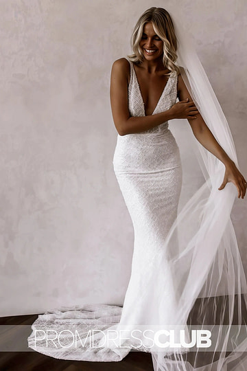 Merry |Long White Wedding Dresses Near Me With Sparkly Mermaid V Neck Sequins Lace - Price #price_variant_lowest# - White - PromDressClub