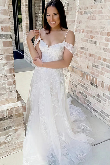 Michaelia | Stunning A Line Cold Shoulder Lace Wedding Dress with Lace Appliques - White - PromDressClub