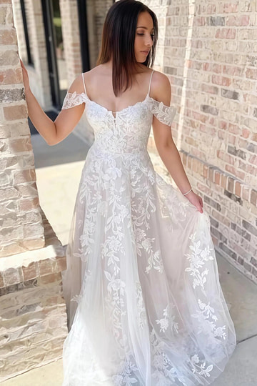 Michaelia | Stunning A Line Cold Shoulder Lace Wedding Dress with Lace Appliques - White - PromDressClub