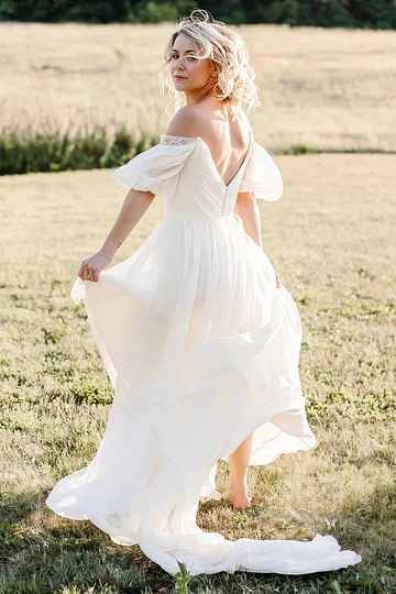 Michelle | Off the Shoulder Puff Sleeve Chiffon Bridal Gown for Outdoor Weddings - Ivory - PromDressClub