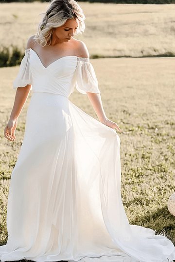 Michelle | Off the Shoulder Puff Sleeve Chiffon Bridal Gown for Outdoor Weddings - Ivory - PromDressClub