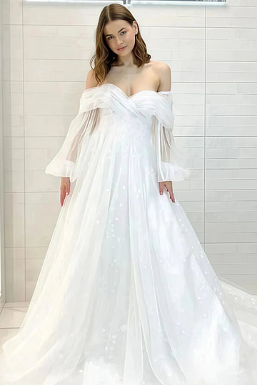 Mignon | Stunning Off the Shoulder Long Sleeve A Line Wedding Dress with Floral Lace Appliques - White - PromDressClub