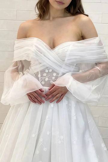 Mignon | Stunning Off the Shoulder Long Sleeve A Line Wedding Dress with Floral Lace Appliques - White - PromDressClub
