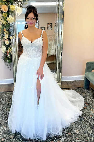 Mildred | Elegant Boho A Line Spaghetti Straps Lace and Tulle Wedding Dress with Side Slit - White - PromDressClub
