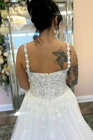 Mildred | Elegant Boho A Line Spaghetti Straps Lace and Tulle Wedding Dress with Side Slit - White - PromDressClub