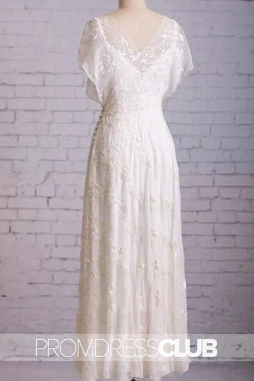 Mildred |Long White Wedding Dresses Near Me With Vintage Graceful Floral V - neck V - back Side Button Decorated Lace Butterfly Sleeves - Price #price_variant_lowest# - White - PromDressClub