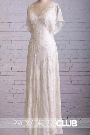 Mildred |Long White Wedding Dresses Near Me With Vintage Graceful Floral V - neck V - back Side Button Decorated Lace Butterfly Sleeves - Price #price_variant_lowest# - White - PromDressClub