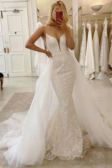 Mirabelle | Chic Mermaid Spaghetti Strap V Neck Lace Wedding Dress with Detachable Train - White - PromDressClub
