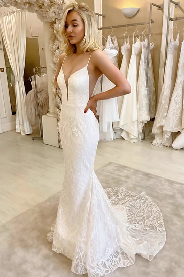 Mirabelle | Chic Mermaid Spaghetti Strap V Neck Lace Wedding Dress with Detachable Train - White - PromDressClub