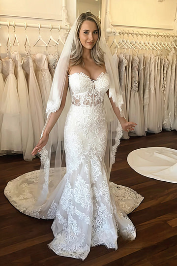 Miriam | Exquisite Mermaid Sweetheart Neck Vintage Lace Wedding Dress - Ivory - PromDressClub