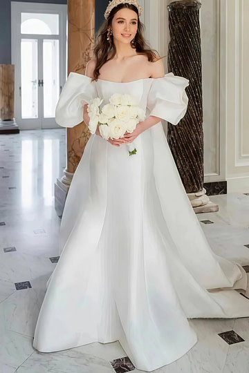 Modesty | Mermaid Off the Shoulder Short Puff Sleeve Satin Detachable Train Wedding Dress - Ivory - PromDressClub