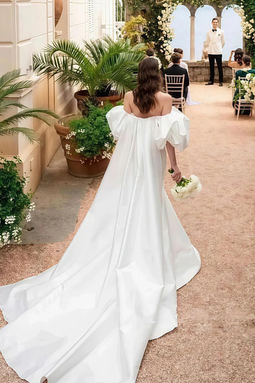 Modesty | Mermaid Off the Shoulder Short Puff Sleeve Satin Detachable Train Wedding Dress - Ivory - PromDressClub