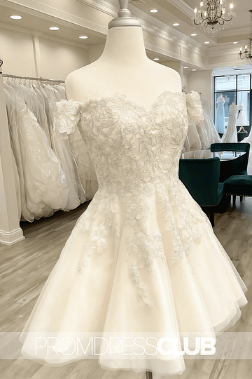 Modesty |Short - Mini White Wedding Dresses Near Me With Appliques Lace A - Line Off The Shoulder - Price #price_variant_lowest# - White - PromDressClub