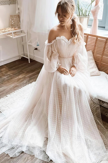 Moira | Elegant Boho Off the Shoulder Polka Dot Tulle Drop Waist A Line Wedding Dress - White - PromDressClub