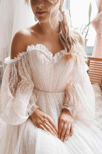 Moira | Elegant Boho Off the Shoulder Polka Dot Tulle Drop Waist A Line Wedding Dress - White - PromDressClub