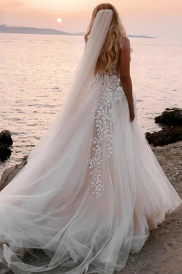 Molly | Stunning Strapless Lace Applique Tulle Wedding Gown for Beach & Garden Weddings - Ivory - PromDressClub