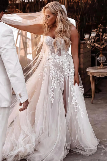 Molly | Stunning Strapless Lace Applique Tulle Wedding Gown for Beach & Garden Weddings - Ivory - PromDressClub