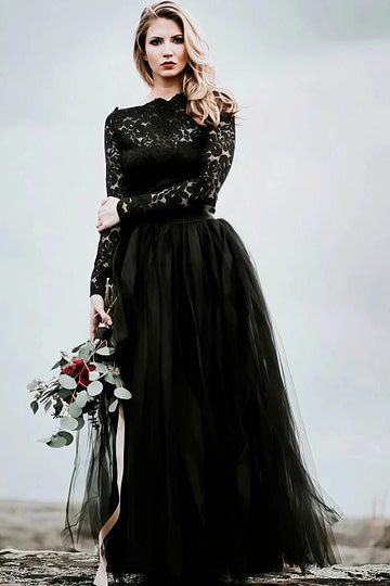 Mona | Stunning Modest Long Sleeve Black Lace and Tulle Wedding Dress no Train - Black - PromDressClub