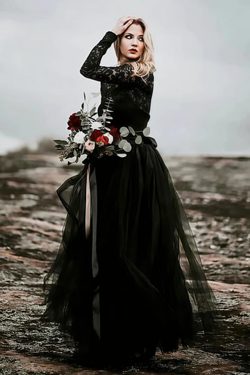 Mona | Stunning Modest Long Sleeve Black Lace and Tulle Wedding Dress no Train - Black - PromDressClub
