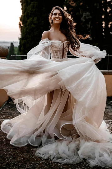Monica | Ethereal Tulle Off the Shoulder Long Puff Sleeve Wedding Dress with Long Train - Champagne - PromDressClub