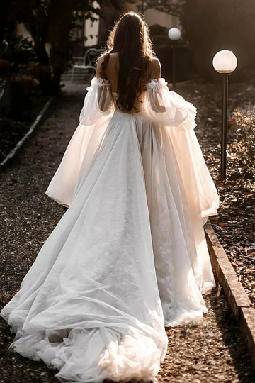 Monica | Ethereal Tulle Off the Shoulder Long Puff Sleeve Wedding Dress with Long Train - Champagne - PromDressClub