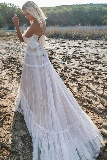 Myrna | Bohemian Off the Shoulder V Neck Lace Tulle Wedding Dress for Outdoor Weddings - Ivory - PromDressClub