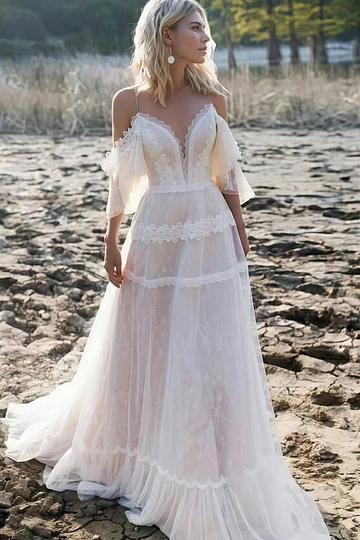 Myrna | Bohemian Off the Shoulder V Neck Lace Tulle Wedding Dress for Outdoor Weddings - Ivory - PromDressClub