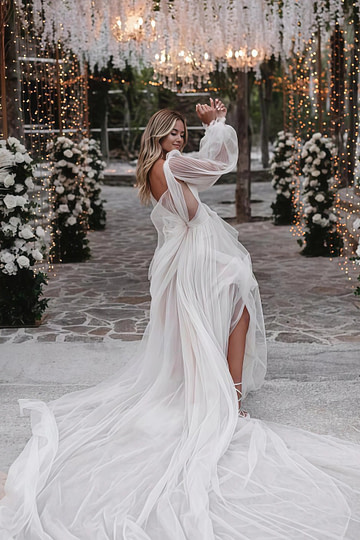 Nancy | Ethereal Deep V - neck Long Sheer Sleeve Wedding Dress Long Train with High Slit - White - PromDressClub