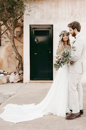 Natalie | Boho Chic Spaghetti Strap V Neck Lace and Chiffon Wedding Dress with Long Train - Ivory - PromDressClub