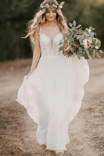 Natalie | Boho Chic Spaghetti Strap V Neck Lace and Chiffon Wedding Dress with Long Train - Ivory - PromDressClub